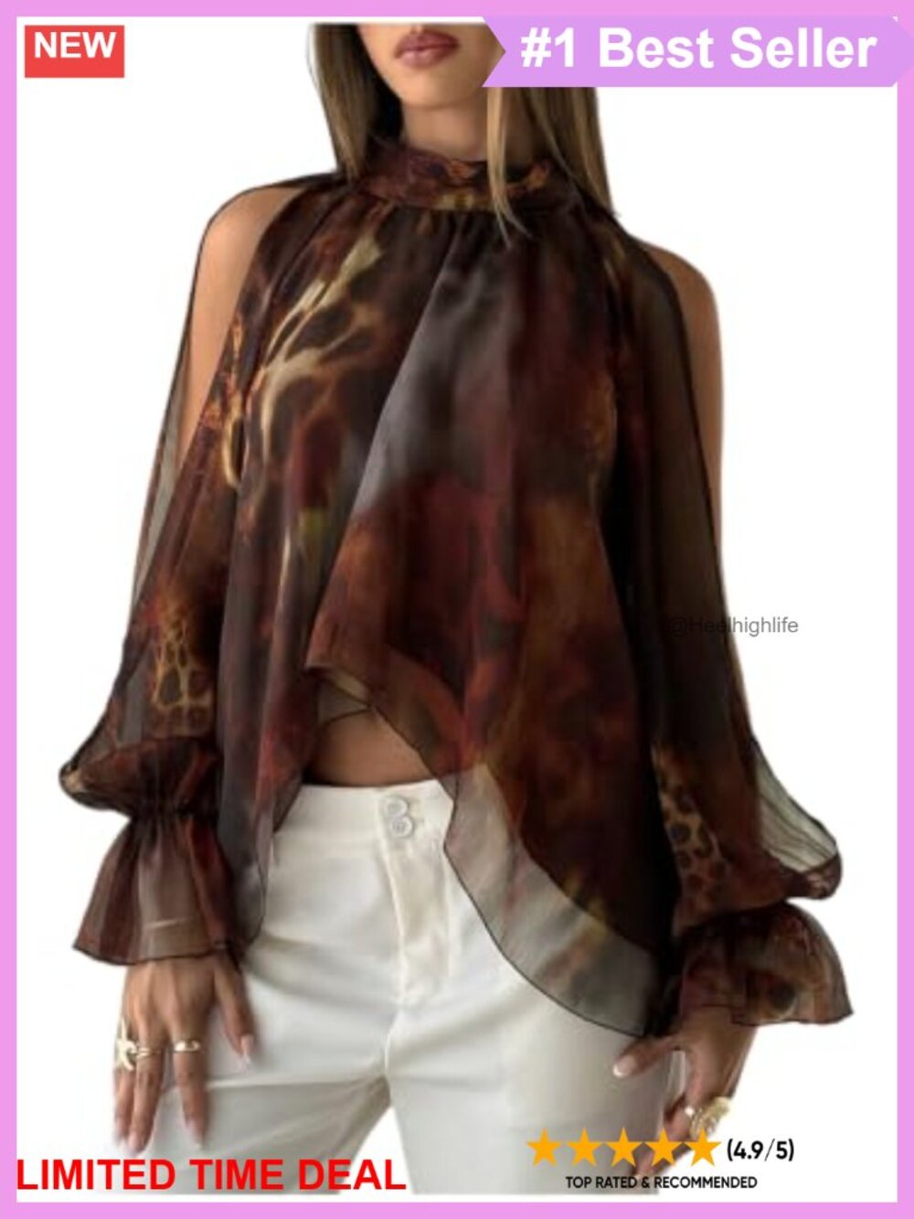 Chiffon Cold Shoulder Mock Neck Long Sleeve Cropped Blouse